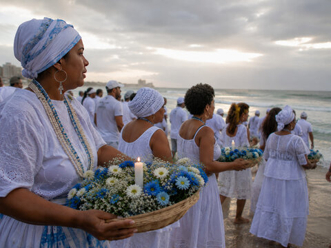 Umbanda and candombl&eacute; followers honoring iemanj&aacute; on brazilian beach