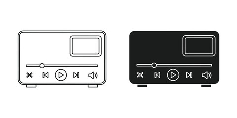 Digital audio player outline and solid icon with playback controls on white background © EliachStock