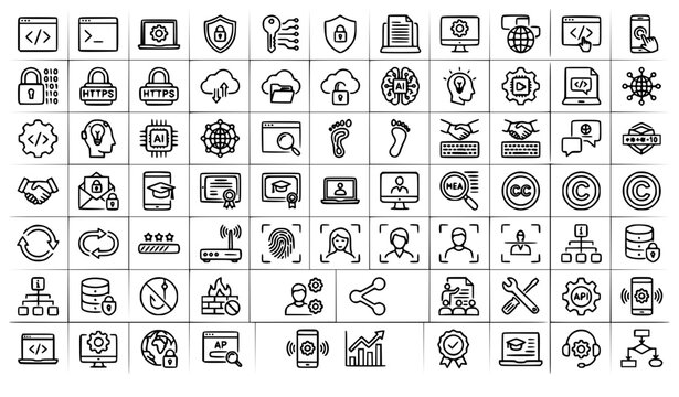 Digital Skills and Literacy Line Icons Set with Programming and Cyber Safety Symbols