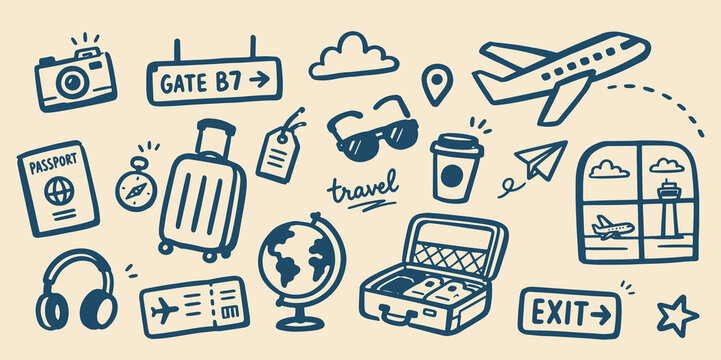 Travel Doodle Set Outline Vector Illustration