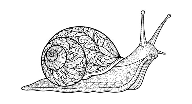 Ornate snail shell line art drawing for coloring.