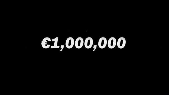 scrolling money euro 1,000 to 1,000,000 animation with euro symbol icon on a black background or transparent background, 4k video