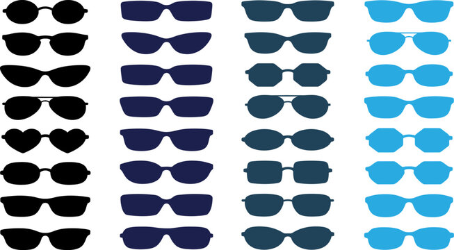 Collection of sunglasses silhouettes in varying shades of blue and black on white