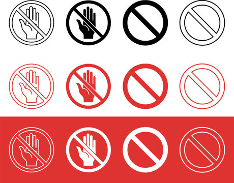 Prohibited hand gestures and circular prohibition signs in black red and white vector illustrations