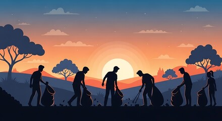 Fototapeta premium People collecting garbage bags in nature at sunset