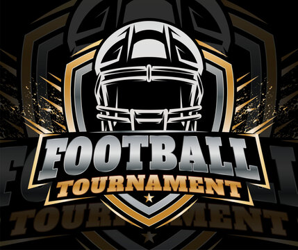 Dynamic American Football Tournament Logo with Helmet and Metallic Gold-Silver Shield.