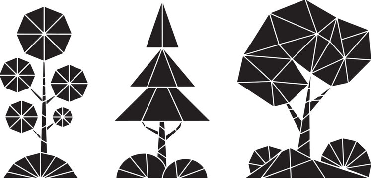 Stylized geometric trees and bushes in a modern black silhouette with faceted triangular shapes creating a unique abstract natural landscape