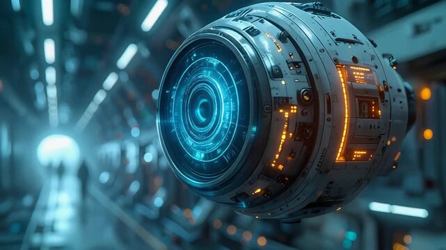 Futuristic spherical drone with glowing blue lens flying in a spaceship corridor, sci-fi technology concept.