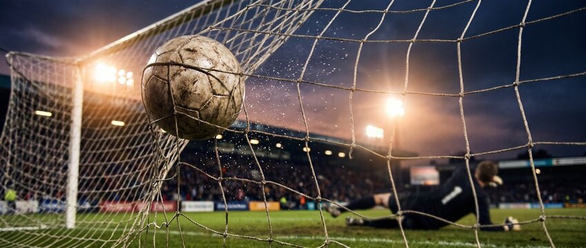 Soccer ball hits back of net goalkeeper dives in vain