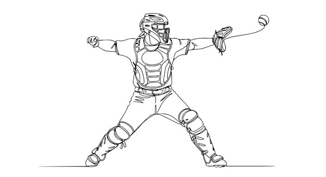 Baseball Catcher Throwing Ball, One Line Drawing