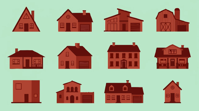 Diverse flat design house and building illustrations on a light background