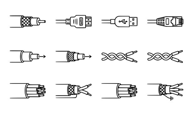 Set of modern network and electrical cable line icons including HDMI, USB, Ethernet, coaxial and fiber optic connectors vector illustration