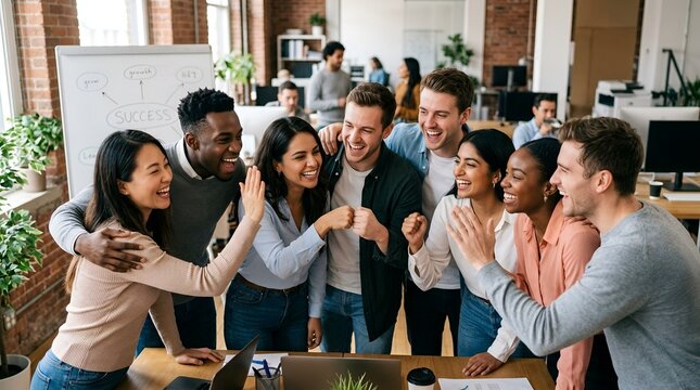 Diverse team celebrating success, high five, office collaboration, happy faces, teamwork
