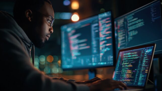 Man coding on computer in a dark environment