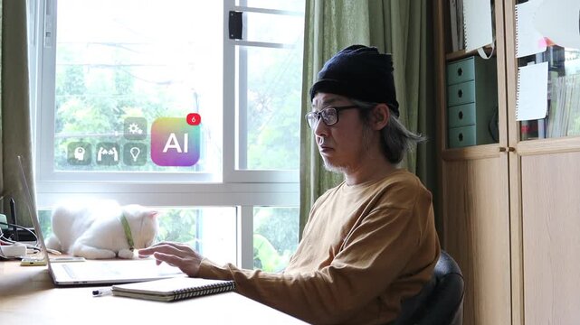 Mature East Asian man with glasses using laptop next to white cat, displaying 3D tracked virtual AI notification badge, puzzle, gear, and brain chart pop ups.