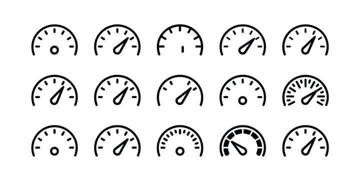 Speedometer Icon Vector Set, Gauge and Tachometer Symbols for Speed Measurement and Performance Monitoring