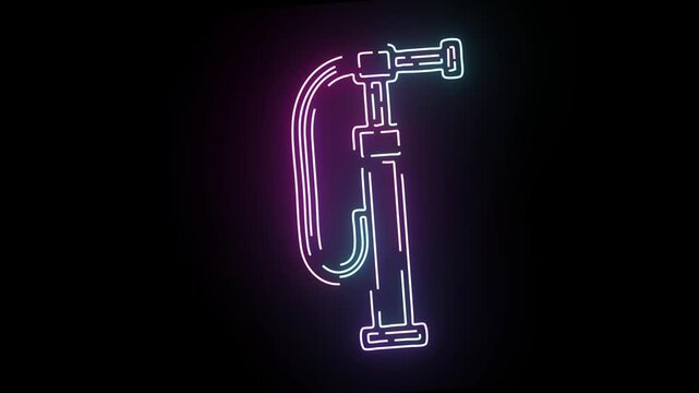 Neon Line Art Graphic of a Hand Pump Tool Featuring Glowing Purple and Blue Light Strokes Isolated on a Solid Black Background for Automotive Garage or Cycling Repair Shop Digital Motion Design Projec
