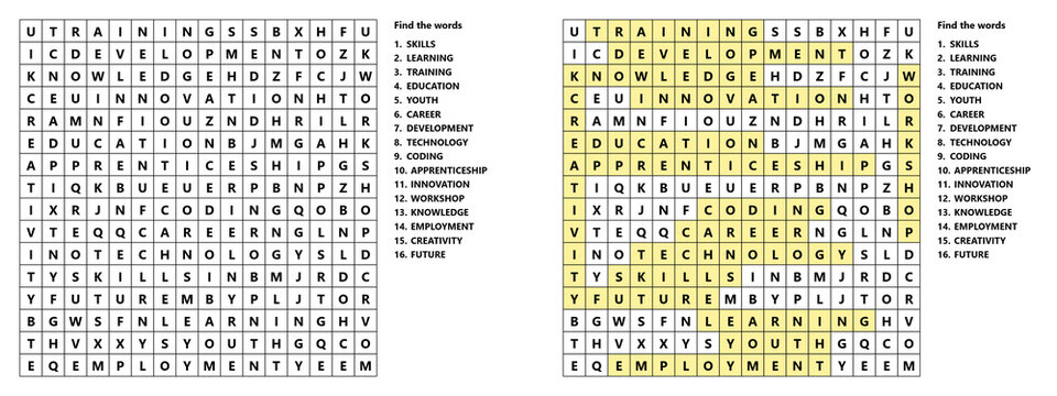 Word search puzzle for World Youth Skills Day with hidden words and answers for children and adults, Printable Logic game for learning English  