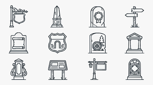 Industrial and Historical Landmark Icons Guideposts Monuments and Informational Structures with high professional line art symbols for modern creative design and digital branding projects