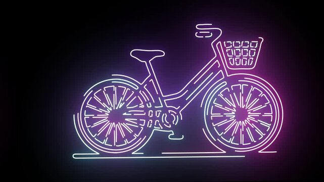 Neon bicycle illustration with glowing outlines and a basket in vibrant blue and magenta shades against a deep dark background created as a stylish vector graphic for modern digital design projects