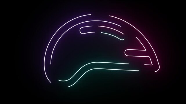 Abstract neon glowing helmet illustration with vibrant dynamic light lines forming a stylish cycling protective gear outline against a solid dark black background for modern digital motion graphics de