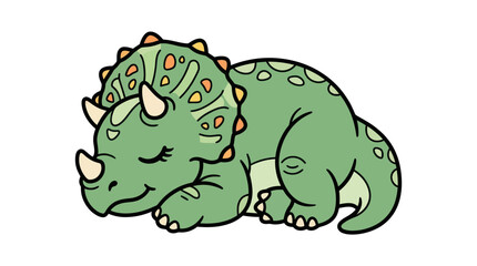 Adorable green baby triceratops dinosaur sleeping peacefully. © ombg