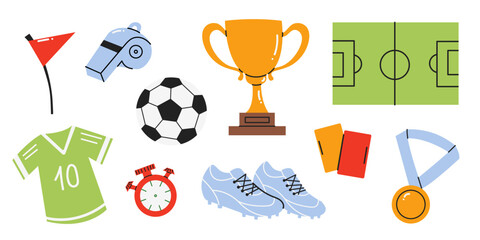 Set of football elements in flat style: ball, cup, medal, uniform, boots, whistle, referee cards, stopwatch, corner flag and football field. Vector sports collection. © Katya