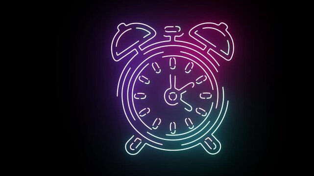 Neon Alarm Clock Icon Glowing With Vibrant Pink And Blue Light Against A Solid Black Background Dynamic Minimalist Vector Animation Featuring A Classic Analog Clock Face Design For Modern Digital Medi