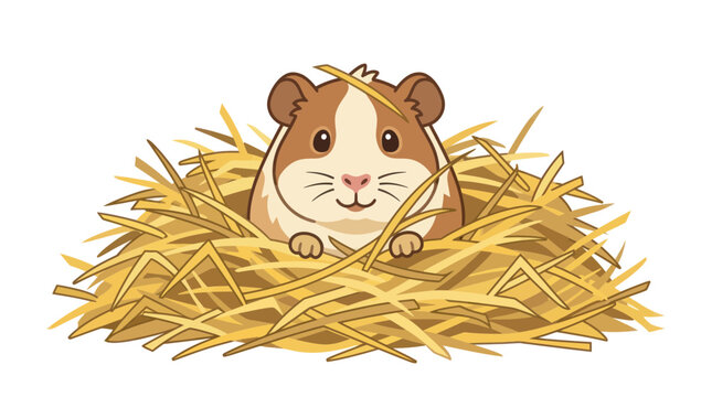 Adorable tri-color guinea pig hiding in straw bedding.