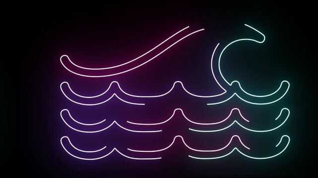 Abstract Neon Wave Outline Illustration Featuring Glowing Blue And Purple Light Strips Forming A Simple Ocean Surf Pattern On A Dark Black Background For Modern Digital Graphic Design Motion Elements