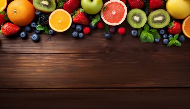fresh fruit and berry border on wooden background