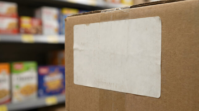 Closeup of a blank label on a cardboard box in front of supermarket shelves
