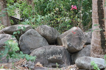 Fototapeta premium large, weathered stones, decorative fieldstone boulders, landscaping projects, sturdy retaining walls, rockery gardens (landscape, rain-forest, tropical, exotic) 4071