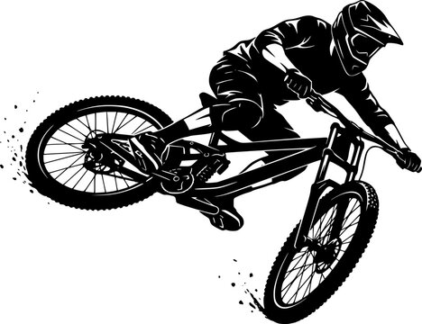 Downhill Mountain Bike Silhouette Vector. Extreme MTB Rider Jumping Mid-Air Performing Trick, Action Sports Graphic Asset Isolated on White Background