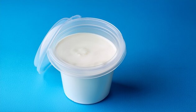 white plastic yogurt cup with lid on blue background