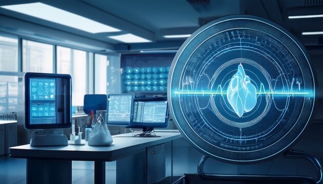 medical heart monitoring futuristic medical laboratory background with copy space