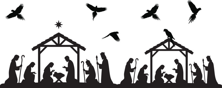 Christmas Nativity Scene Silhouette Vector Illustration with Holy Family, Stable, Flying Birds and Star of Bethlehem