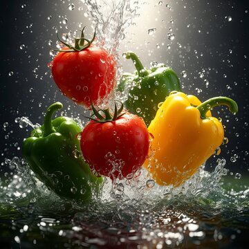alimento, jitomate, acu&aacute;tico, rojo, verduras, fresco, fruta, chapoteo, pimiento, aislada, salubre, madura, bajar, blanco, mojado, verde, borbotear, frescor, vegetariana, dieta, liquida, salpicado, org