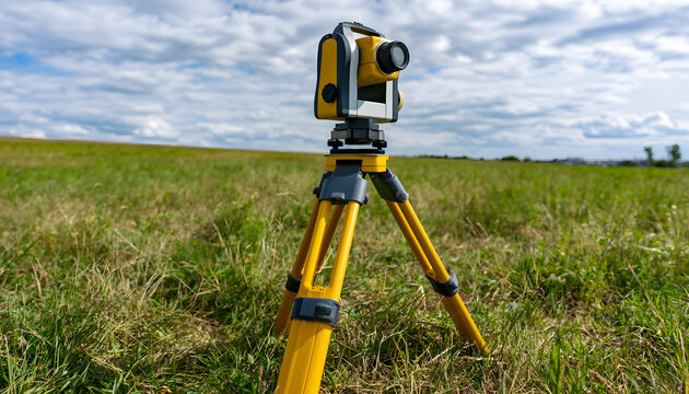 The surveyor uses a tripod-mounted instrument in a green field. This geodetic tool precisely measures land distances and elevations. Work in engineering and construction is underway.