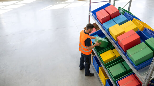 Warehouse worker organizing colorful plastic tote bins on metal shelving units