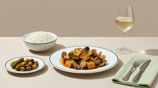 Pork loin Alentejo style with clams, served with white rice, pickles, mixed olives, and a glass of white wine on a beige linen table.