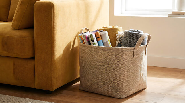 Beige sofa beside a woven storage basket filled with magazines and blankets