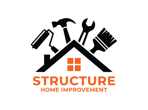 Structure home improvement logo vector, house renovation and construction service icon, professional handyman tools and roofing symbol