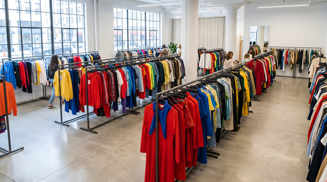 Bright clothing store interior with multiple racks displaying colorful garments