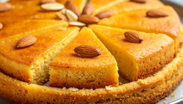 Sliced Golden Almond Cake with Whole Nuts Topping
