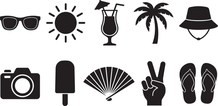 Black silhouettes of summer vacation icons and symbols on white background