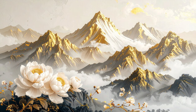 Elegant Golden Mountain Landscape with White Peony Flowers