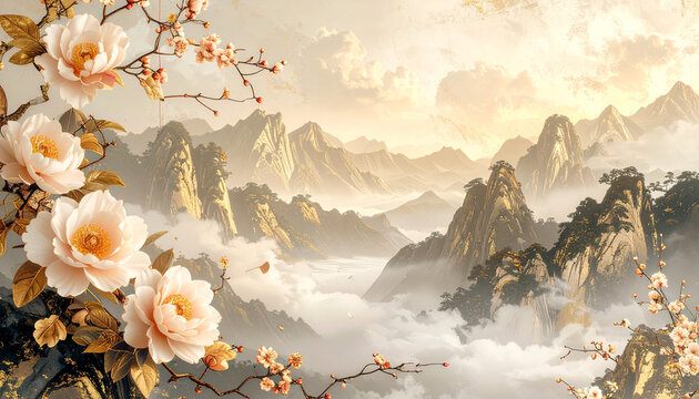Oriental Landscape with White Peonies and Misty Mountains
