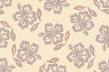 Tropical Floral Seamless Pattern Vector.Retro Hawaiian Hibiscus Blossom and Leaves Motif on Beige Background.Hand-Drawn Line Art Botanical Repeat Print for Summer Textile Fabric, Wallpaper © supachai