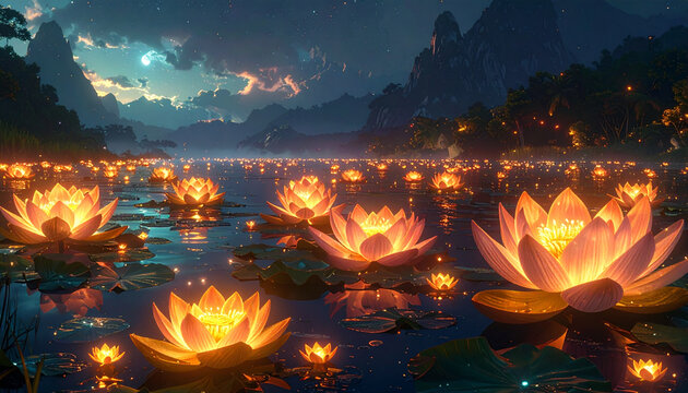 Luminous Lotus Lanterns Floating on Scenic Lake at Night